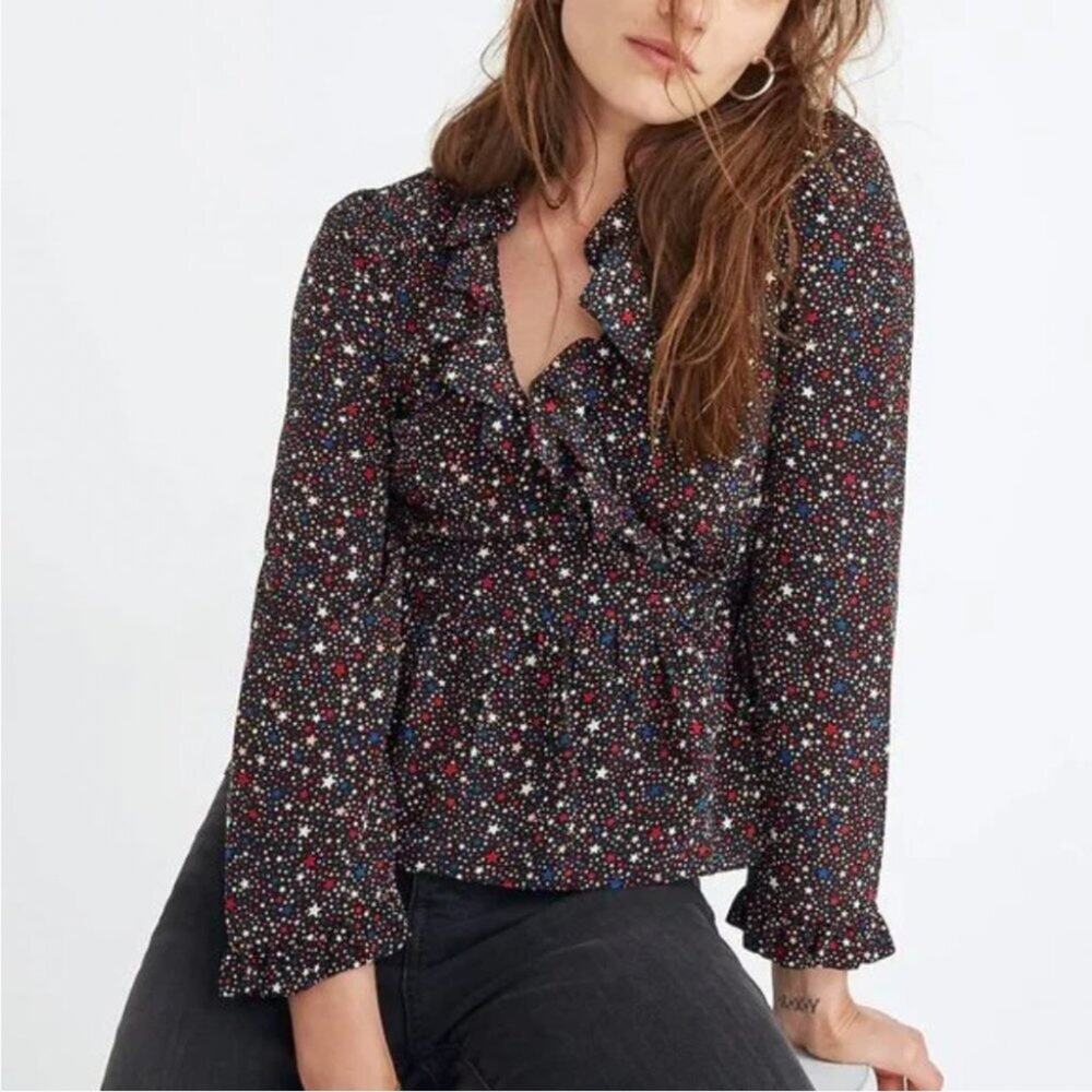 Madewell Silk Ruffle-Hem Wrap Top in Starry Night